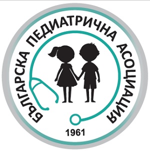 Circular Bulgarian Pediatric Association logo featuring two children, a stethoscope, and the year 1961.