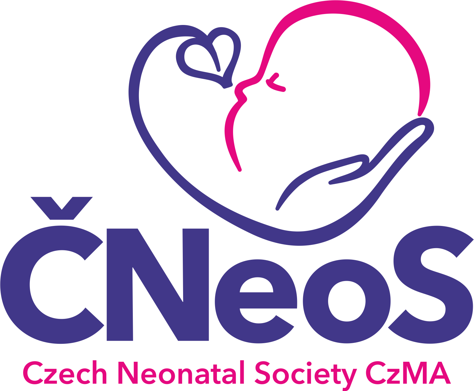 Purple and pink CNeoS logo showing a newborn supported by a hand and heart-shaped line.