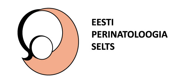 Estonian Perinatology Society logo featuring a peach and black circular parent-and-baby symbol.