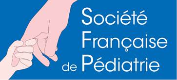Blue and pink Société Française de Pédiatrie logo showing an adult hand holding a child’s hand.