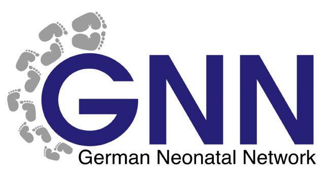 German Neonatal Network logo with large blue letters GNN surrounded by small gray footprints.
