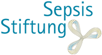 Sepsis Stiftung logo in blue with a pale gold loop-shaped emblem.