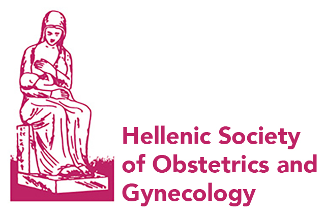 Burgundy Hellenic Society of Obstetrics and Gynecology logo featuring a seated woman holding a baby.