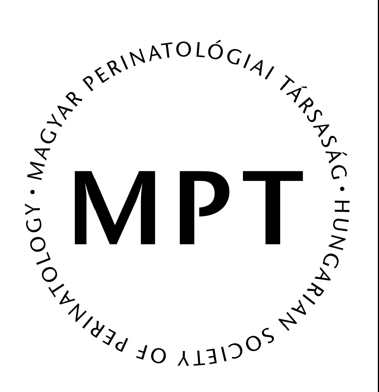 Black MPT logo encircled by the Hungarian and English names of the Hungarian Society of Perinatology.