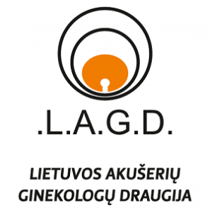 Black and orange LAGD logo with the Lithuanian name Lietuvos akušerių ginekologų draugija.