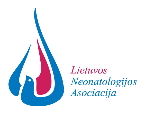 Blue and pink Lithuanian Neonatology Association logo featuring a stylized newborn within a curved emblem.