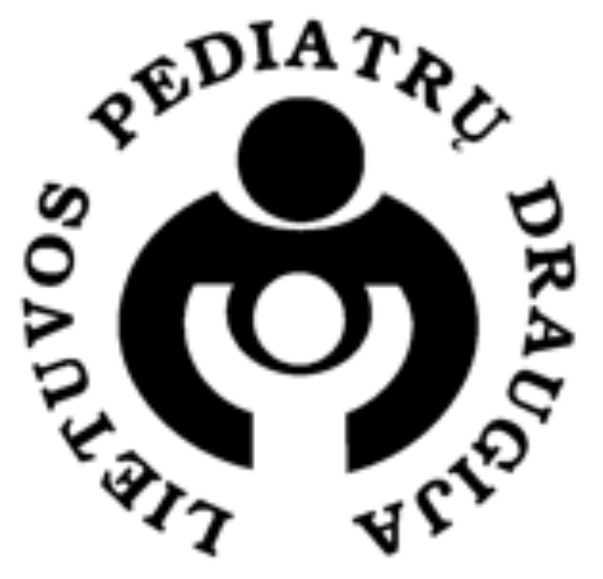 Black circular Lithuanian Pediatric Society logo featuring stylized adult and child figures.