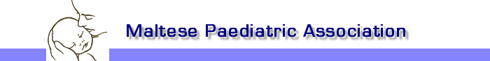 Maltese Paediatric Association logo with a line drawing of an adult holding a baby above a purple horizontal band.