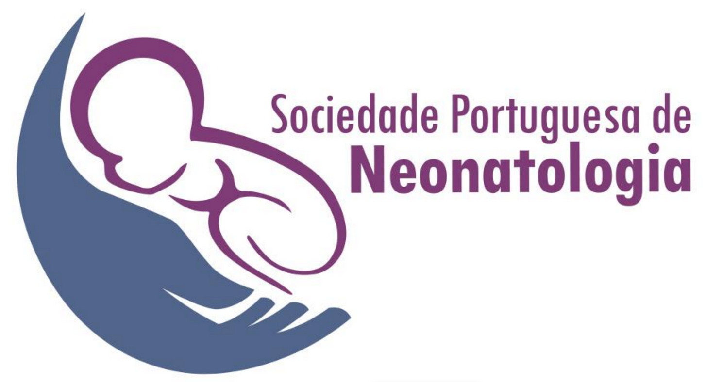 Portuguese Society of Neonatology logo featuring a purple newborn resting in a large blue hand.