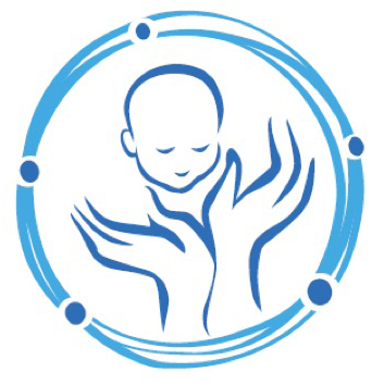 Blue circular Russian Society of Neonatology logo featuring a newborn supported by two stylized hands.