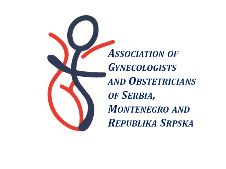Red and dark blue logo with a stylized human figure and the name Association of Gynecologists and Obstetricians of Serbia, Montenegro and Republika Srpska.