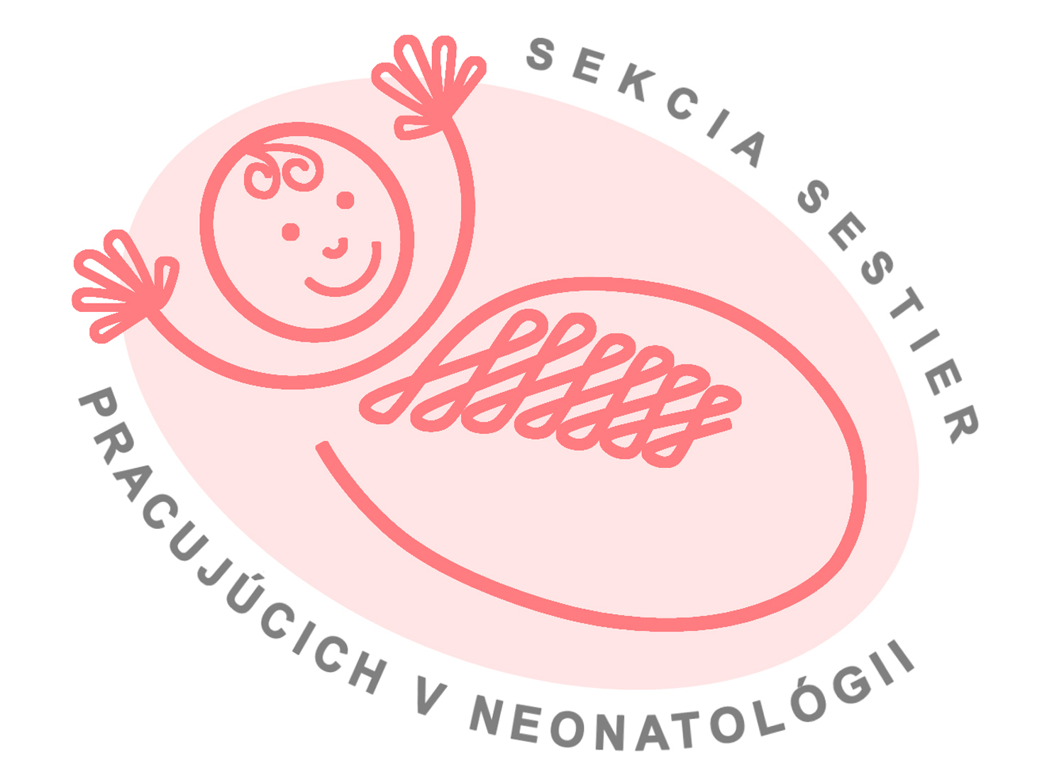Pink logo of the Slovak Section of Neonatal Nurses featuring a smiling swaddled baby with raised arms.
