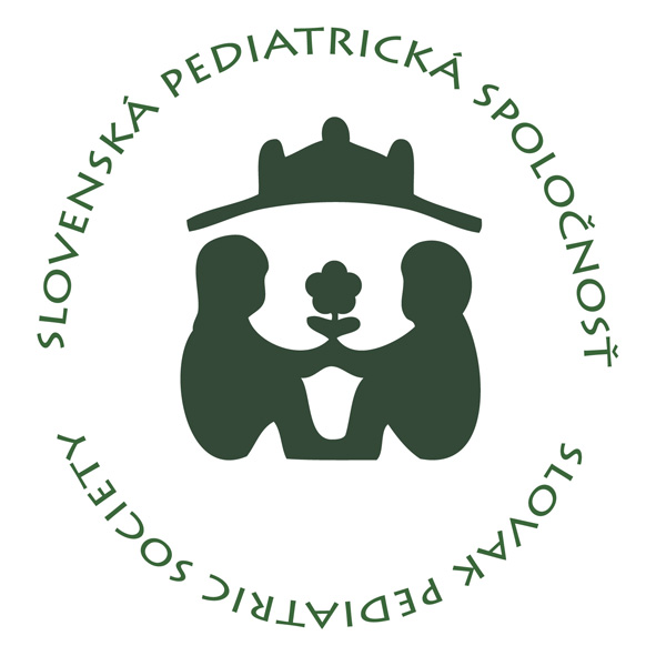 Dark green circular logo of the Slovak Pediatric Society featuring two adults holding a flower beneath a stylized roof.