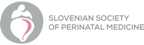 Gray and pink logo of the Slovenian Society of Perinatal Medicine featuring a stylized pregnant figure.