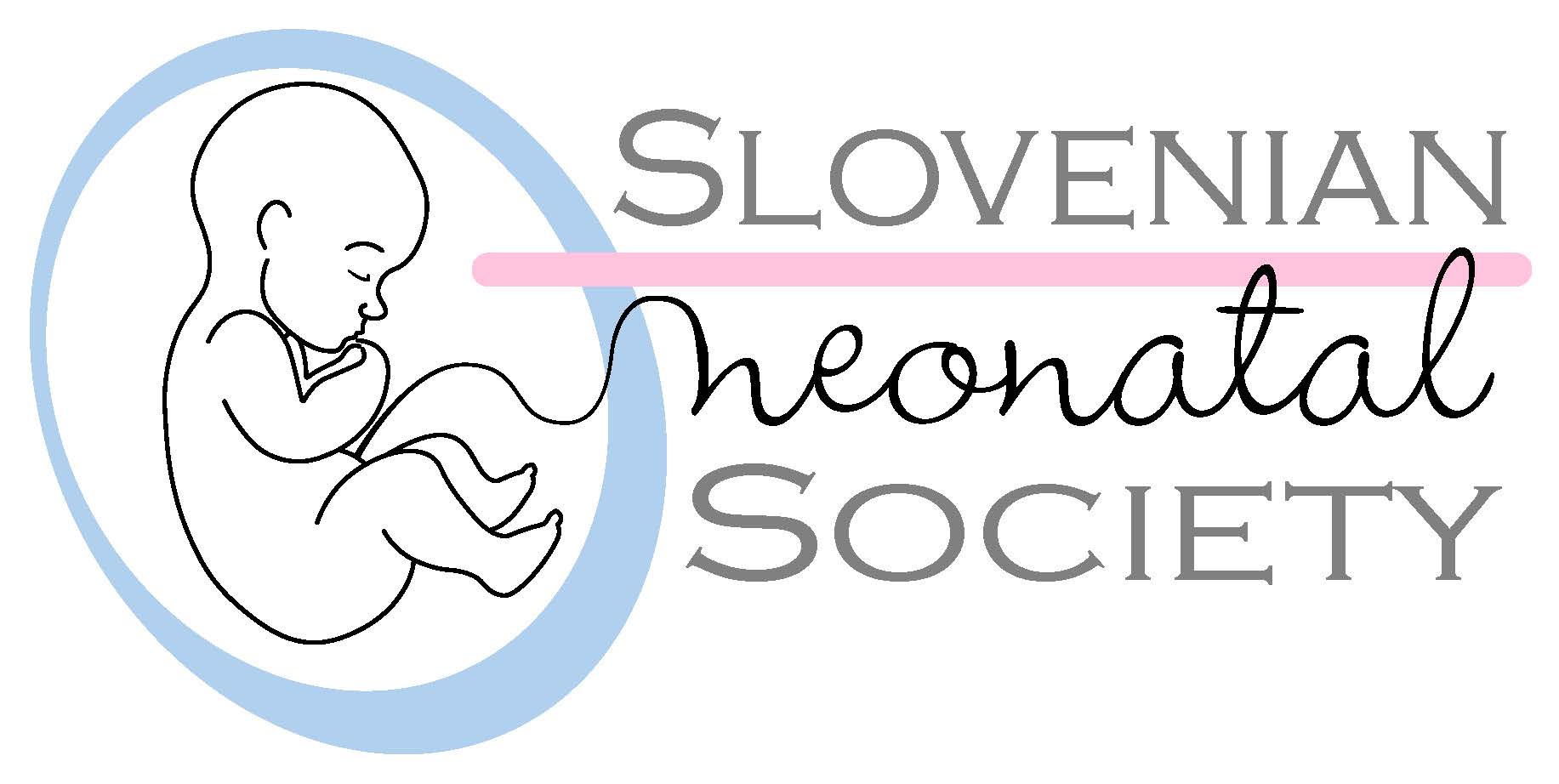 Slovenian Neonatal Society logo featuring a line drawing of a curled newborn inside a pale blue oval.