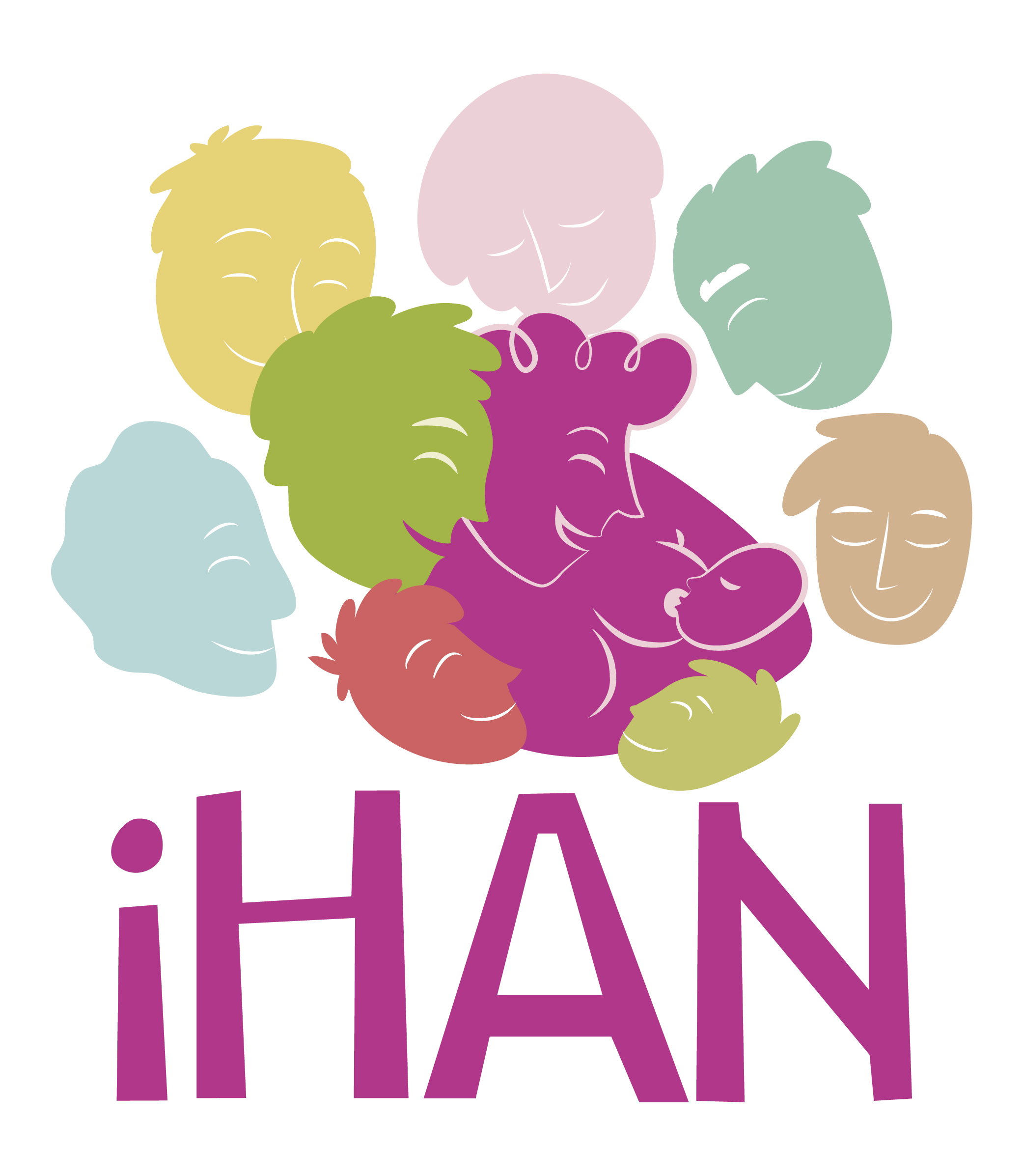Colorful IHAN logo showing a parent breastfeeding a baby surrounded by a diverse group of supportive people.