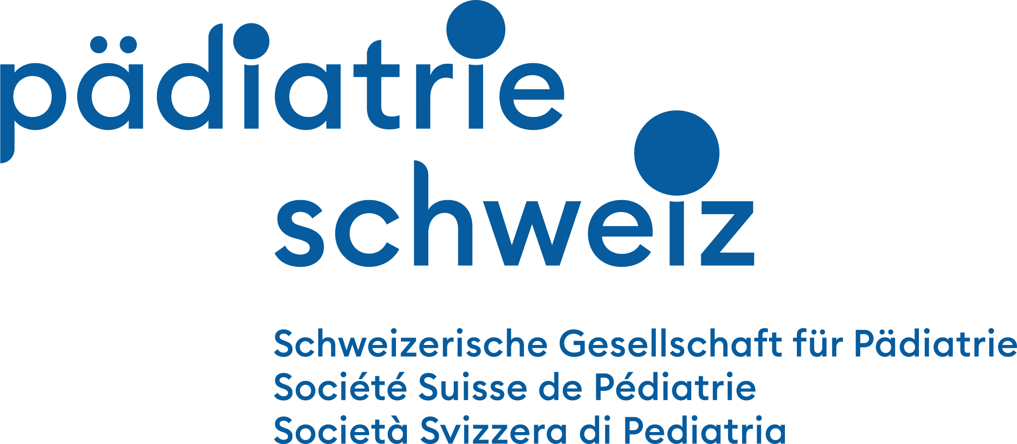 Blue multilingual logo of the Swiss Society of Pediatrics with the words Pädiatrie Schweiz and the organization’s German, French, and Italian name