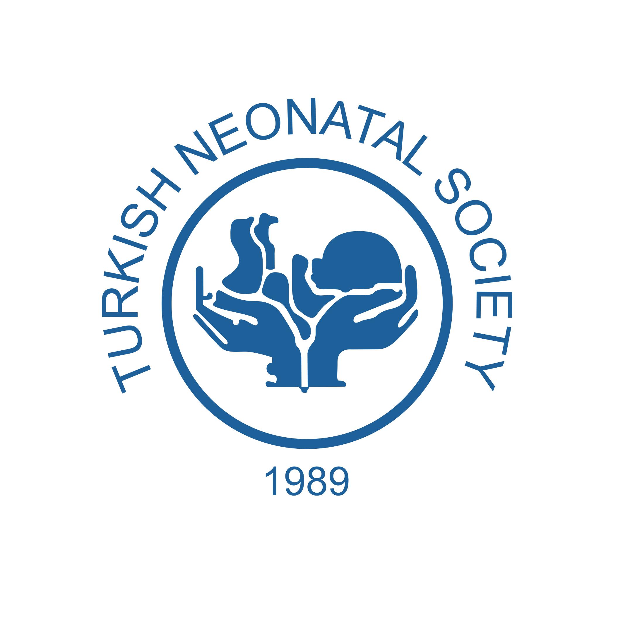 Blue circular logo of the Turkish Neonatal Society featuring hands supporting newborn infants and the year 1989.