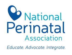 Blue and turquoise National Perinatal Association logo featuring a heart-shaped symbol and the tagline “Educate. Advocate. Integrate.”