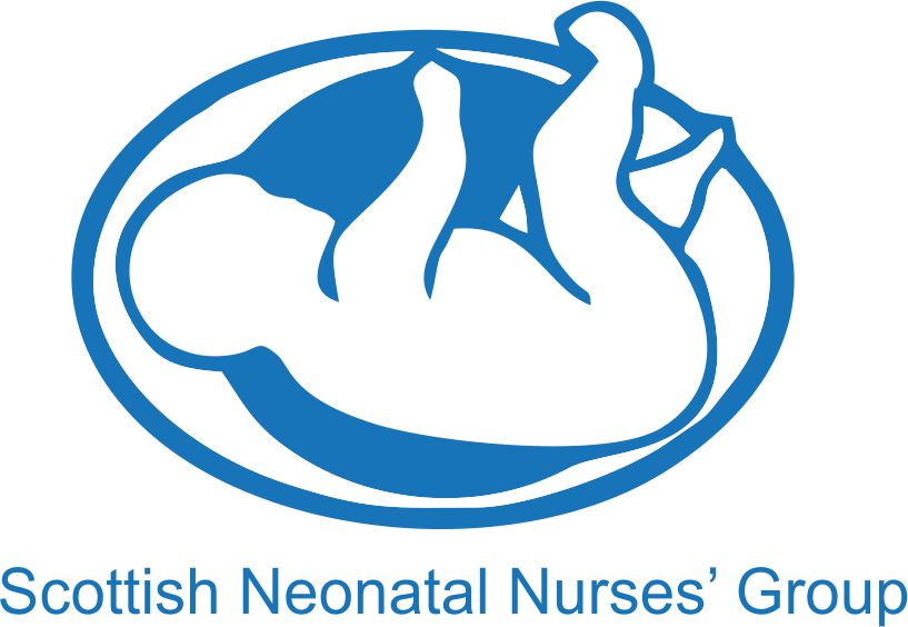 Blue logo of the Scottish Neonatal Nurses’ Group featuring a newborn curled inside an oval shape.