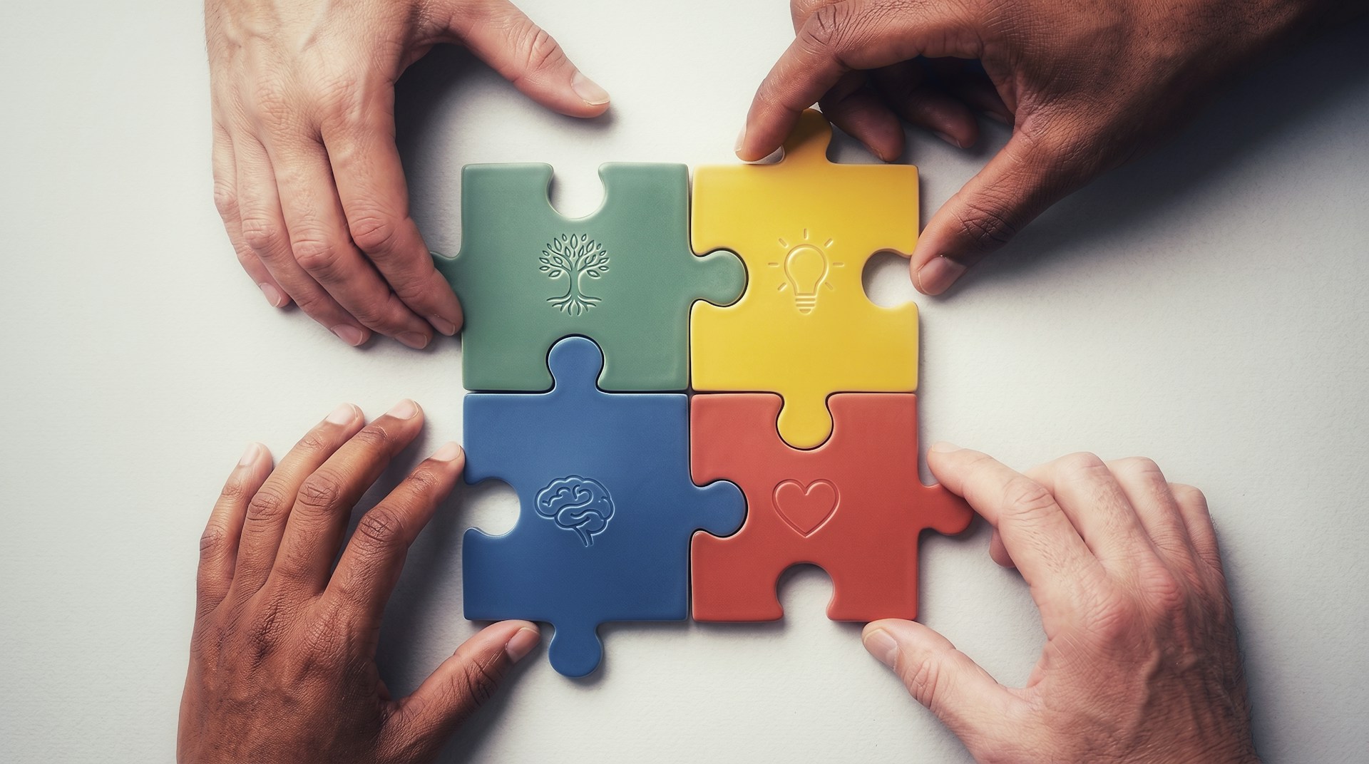 Diverse partners connecting ideas for collaborative innovation Four diverse hands joining colorful puzzle pieces marked with symbols for growth, ideas, knowledge, and care.