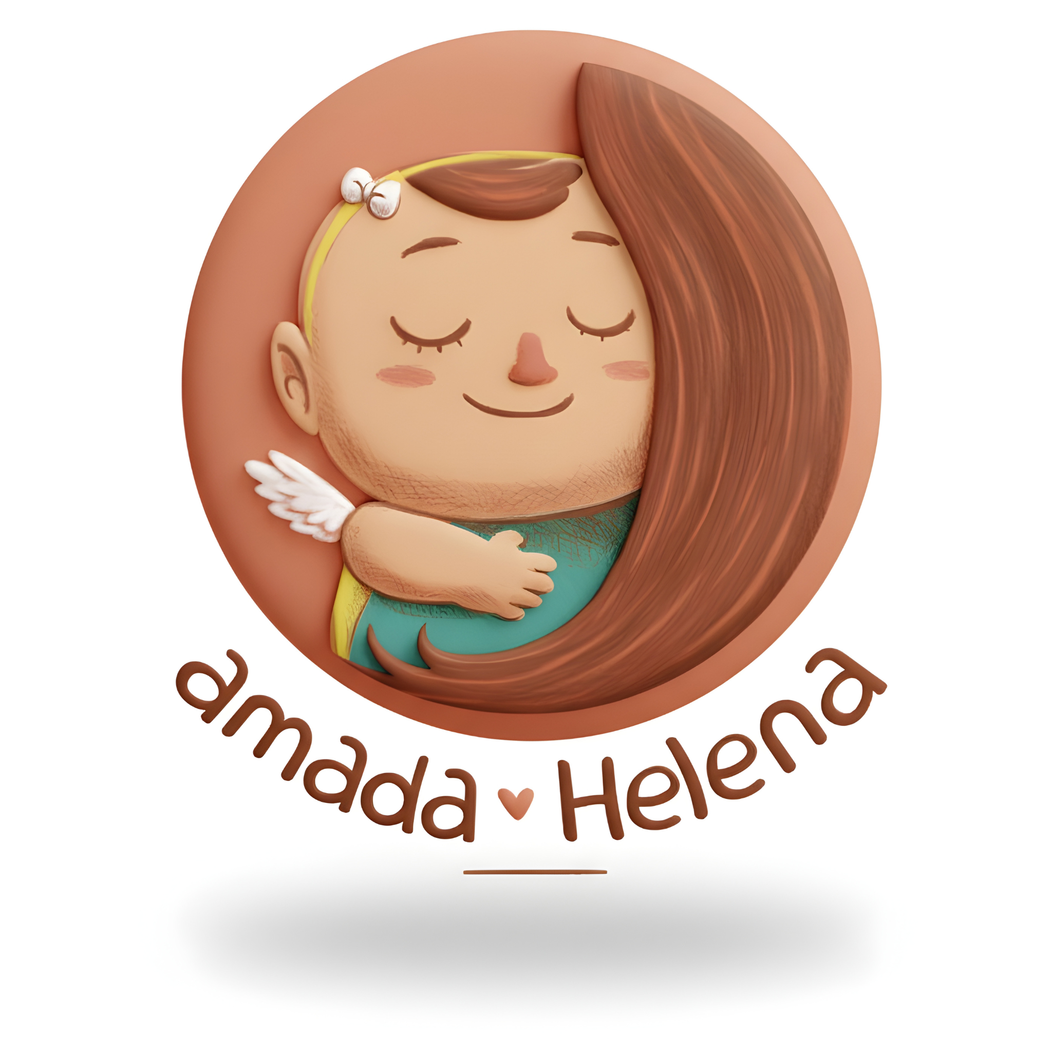 Illustrated amada Helena logo showing a sleeping child with small wings embraced by long hair inside a circular emblem, with the name amada Helena below.