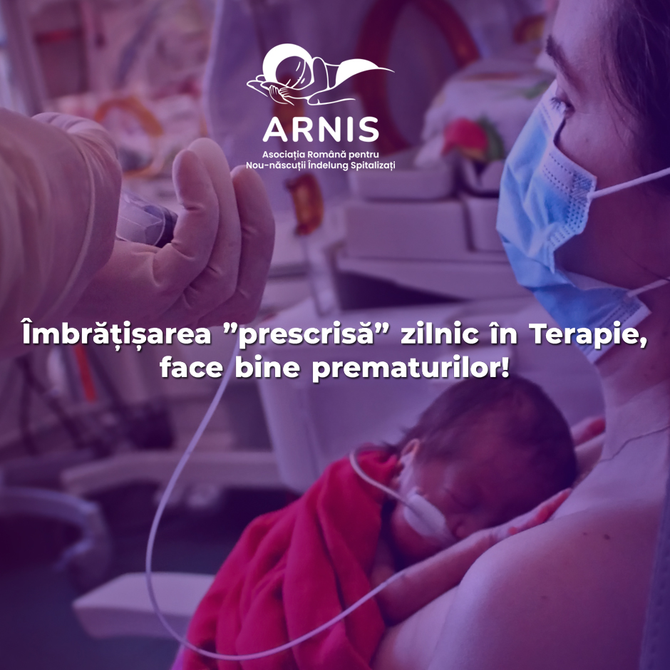 Campaign image showing a mother practicing Kangaroo Care with the Romanian slogan: "Imbrățișarea 'prescrisă' zilnic în Terapie, face bine prematurilor."