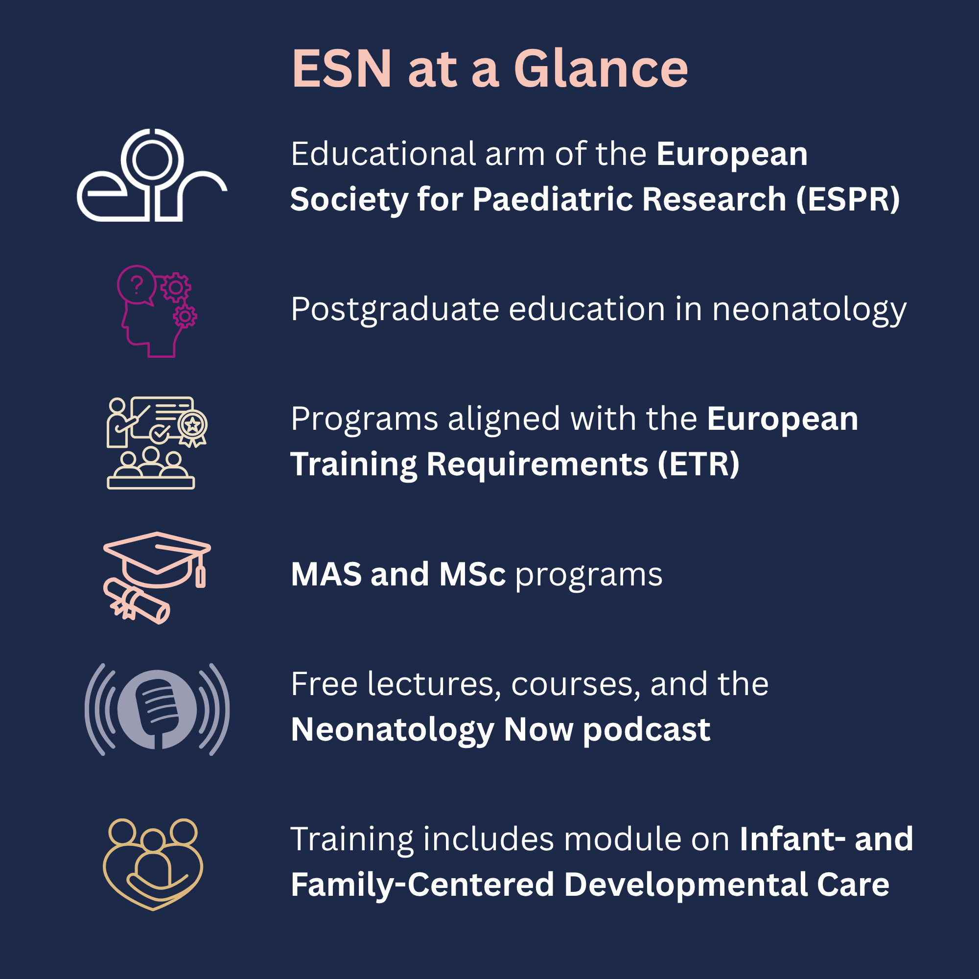 Infographic summarizing the European School of Neonatology, including postgraduate education, ETR-aligned programs, MAS and MSc programs, lectures, courses, podcast, and IFCDC training