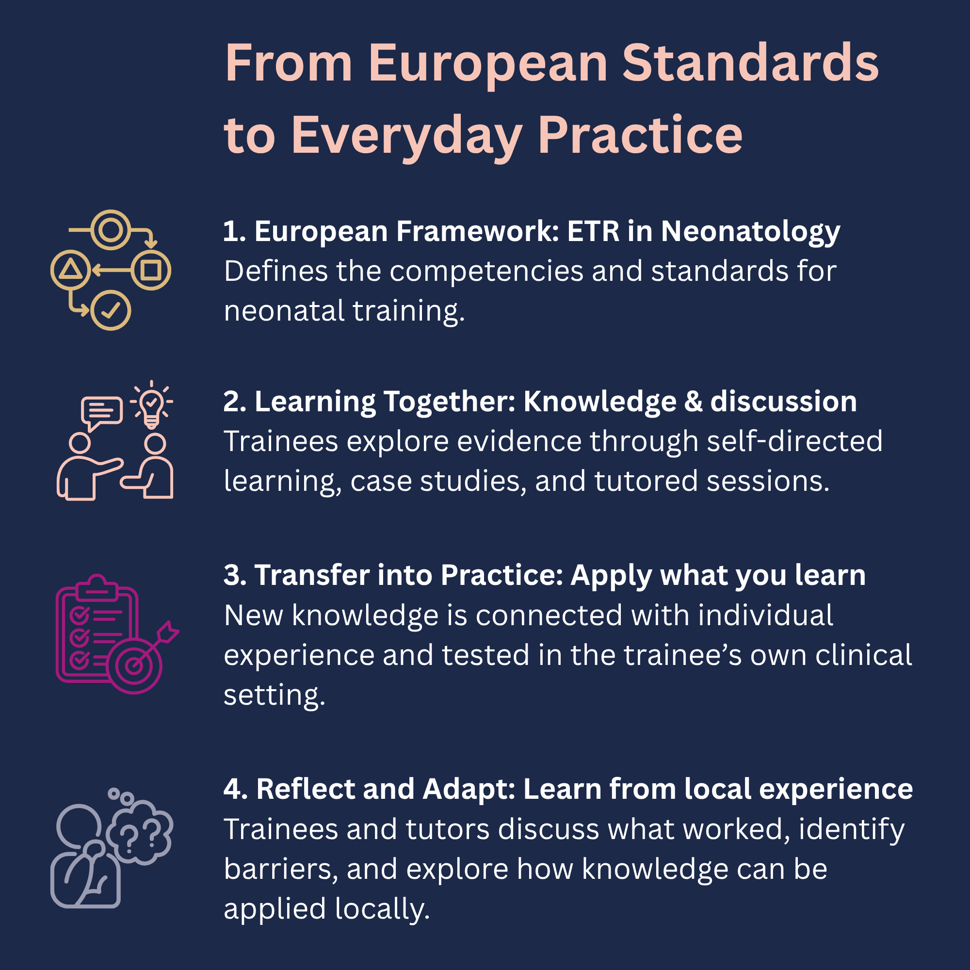 Four-step infographic showing how European neonatal training standards move into practice through the ETR framework, collaborative learning, practical application, and reflection on local experience