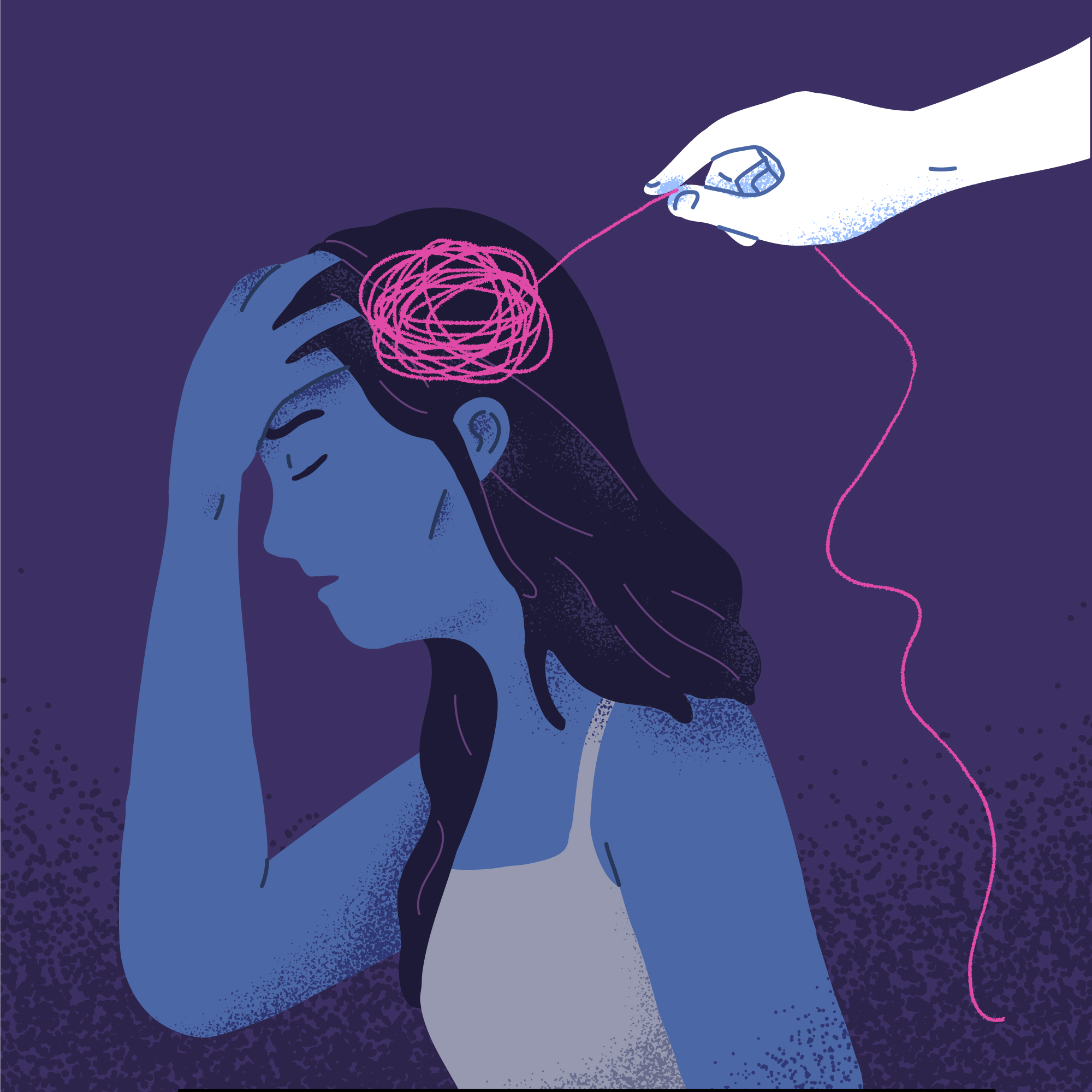 Illustration of a distressed person sitting in a chair with symbols of confusion and emotion above their head, representing mental health challenges linked to preterm birth mental health outcomes.
