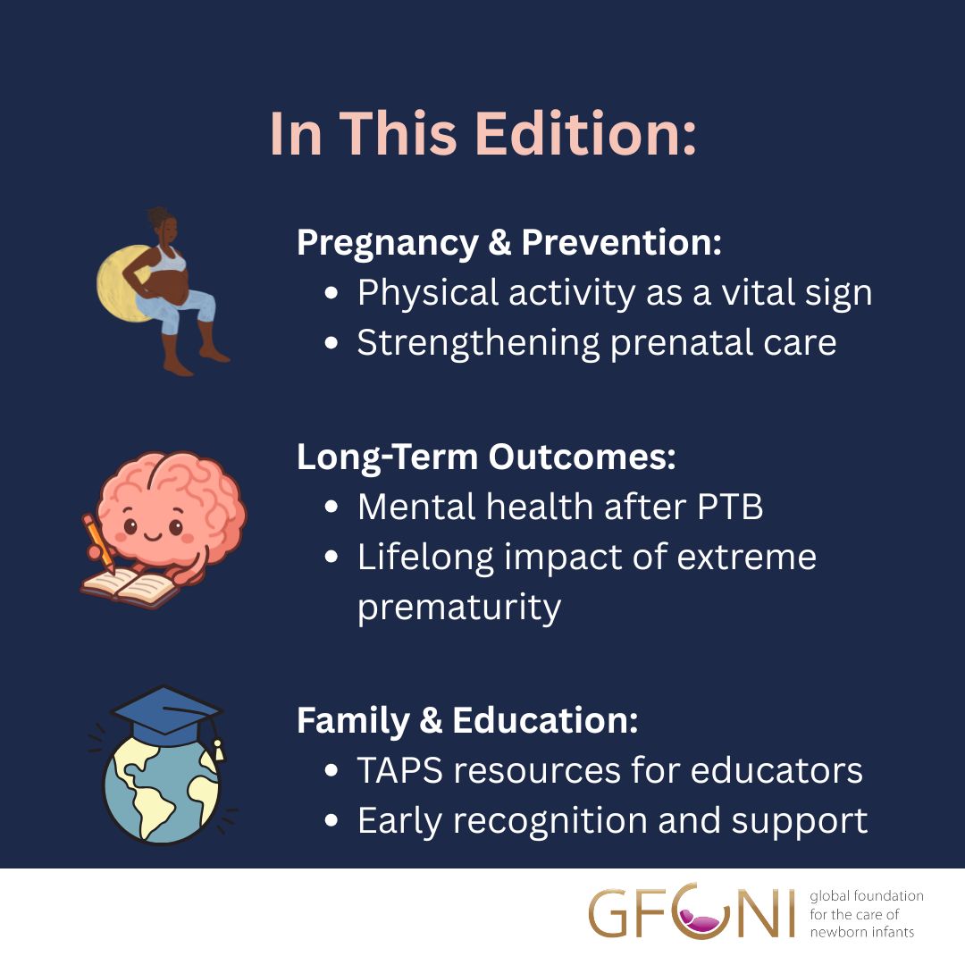 Graphic summarizing key topics from the GFCNI newsletter, including pregnancy prevention, long-term outcomes after preterm birth, and family-centered care and education.
