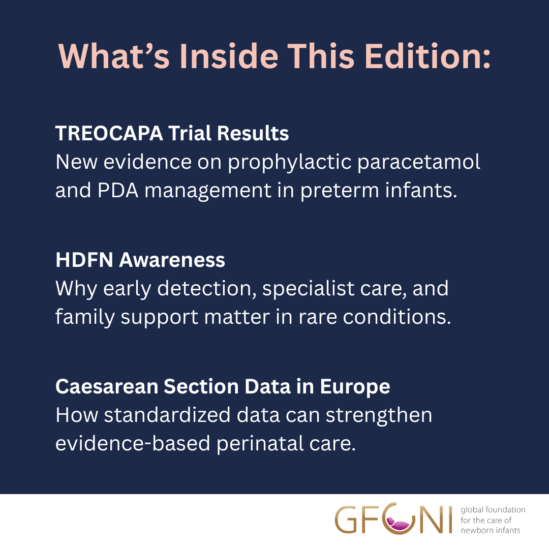 Graphic promoting the GFCNI 2nd Edition newsletter featuring TREOCAPA trial results, HDFN awareness, and caesarean section data in Europe to support evidence-based neonatal and perinatal care.