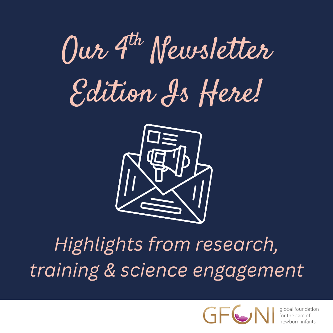 Promotional graphic for GFCNI’s 4th newsletter edition with the text “Our 4th Newsletter Edition Is Here” and “Highlights from research, training & science engagement” on a dark blue background with an envelope icon and the GFCNI logo.