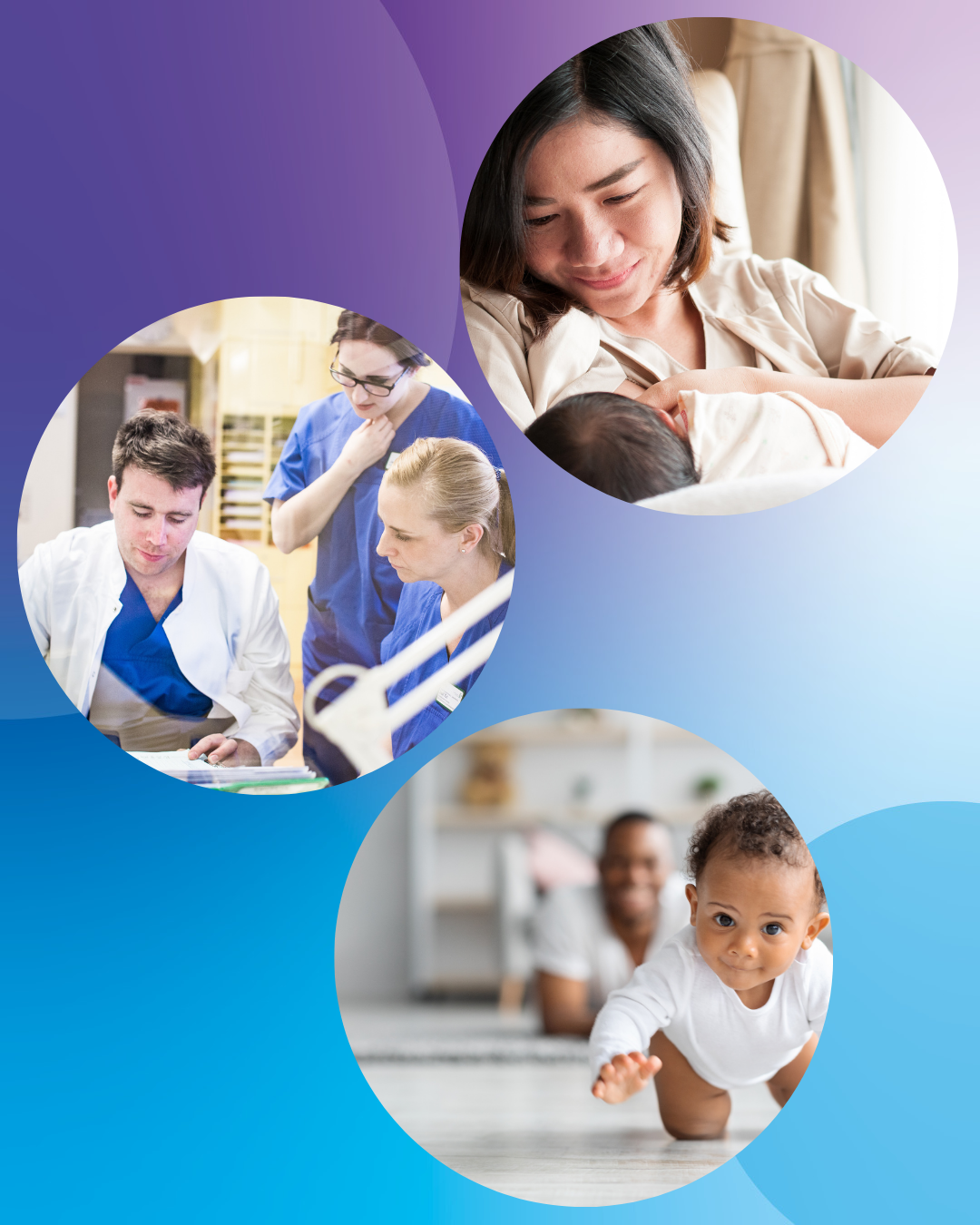 IMPROVE PRETERM_lifelong health and care after very preterm birth Illustration showing families, healthcare professionals, and a child, representing lifelong care and development after very preterm birth